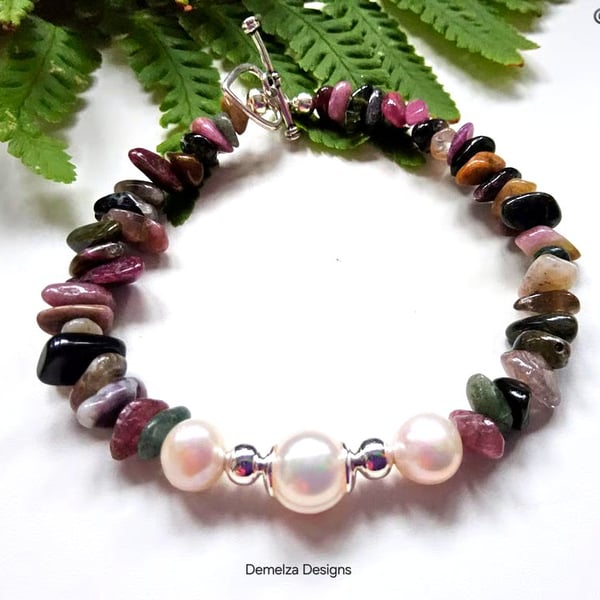 Designer Tourmaline & Large Cream Freshwater Culture Pearl Bracelet 