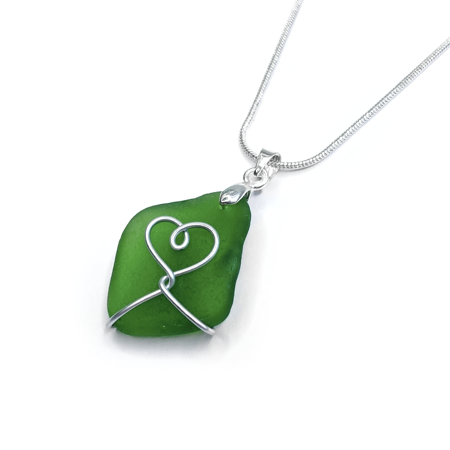 Sea Glass Pendant - Green Beach Glass - Silver Handmade Heart Necklace Jewellery