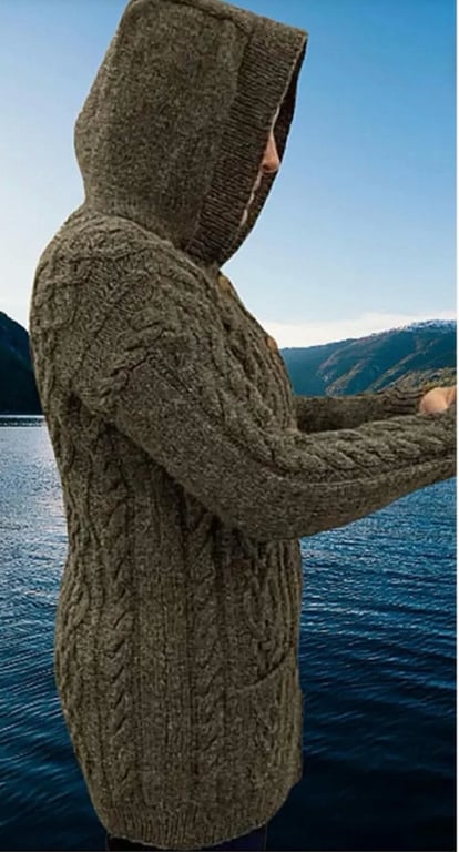 Made To Order Hand Knitted, Aran Shetland Wool, Longer Length Hooded Jacket,