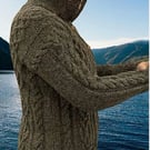 Made To Order Hand Knitted, Aran Shetland Wool, Longer Length Hooded Jacket,