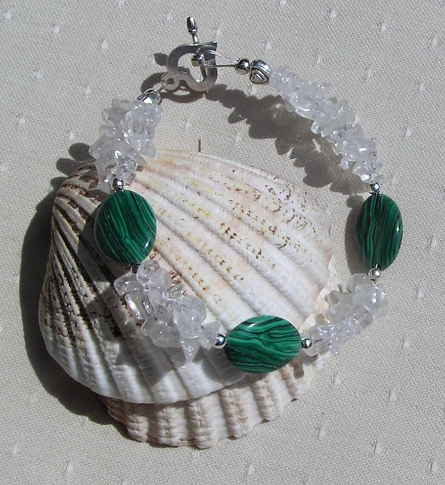 Malachite & Clear Quartz Crystal Gemstone Beaded Bracelet "Mallow Mist"