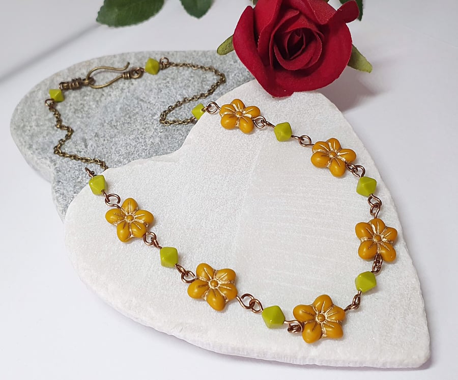 Mustard yellow & lime green flower necklace Folksy