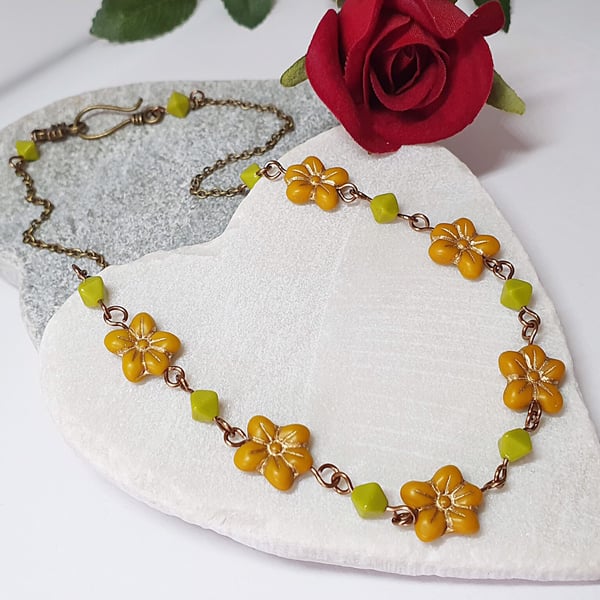 Mustard yellow & lime green flower necklace 