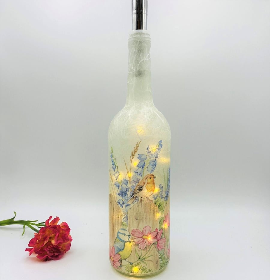 Nature-inspired Bottlelight: Blue Tit, Robin, and Great Tit Decoupage Design