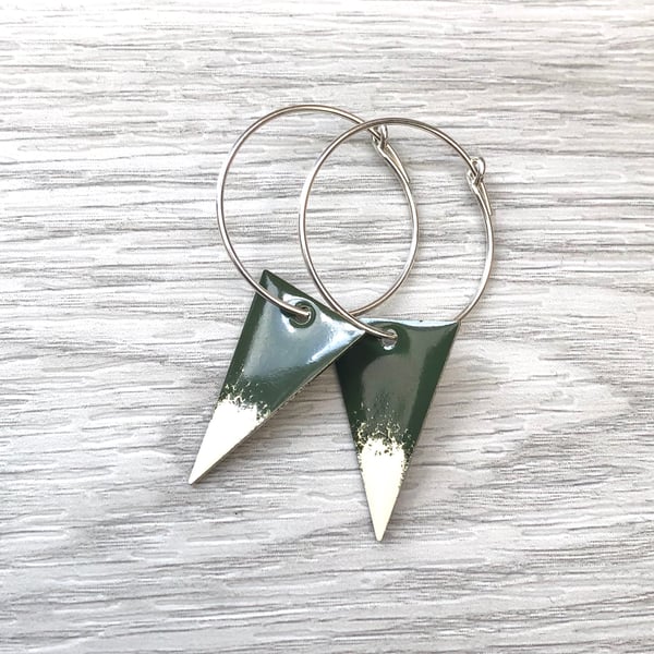 Olive Green & Cream Enamel Triangle on Sterling Silver hoop earrings