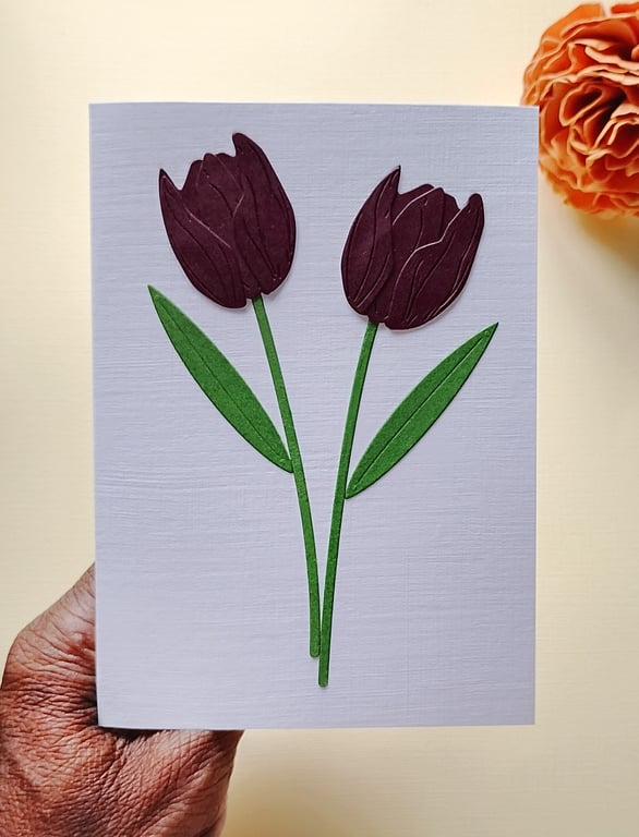 Black Cherry Paper Tulip - Flower Shop Moments, Blank Handmade Floral Card 