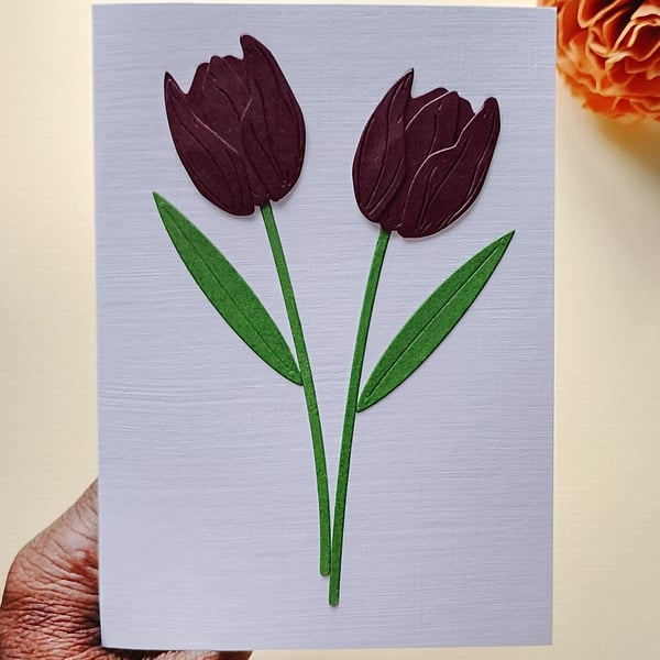 Black Cherry Paper Tulip - Flower Shop Moments, Blank Handmade Floral Card 