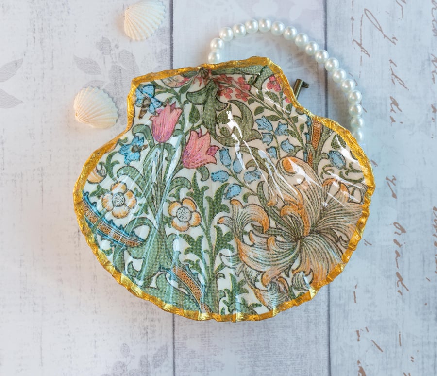 Scallop Shell Trinket Dish in a William Morris Golden Lily Design
