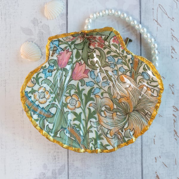 Scallop Shell Trinket Dish in a William Morris Golden Lily Design