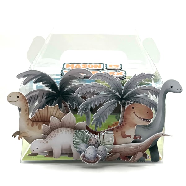 6 Personalised Dinosaur party boxes, party bags 