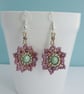 Dusky Pink and Green Vintage Style Beaded Flower Earrings - Image 4