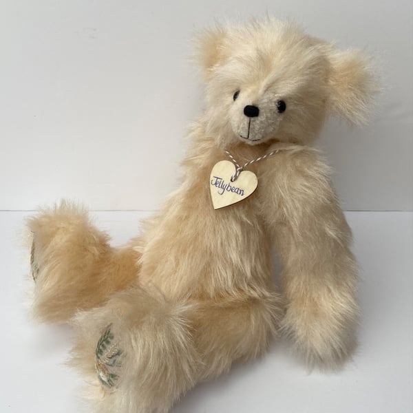Characterful artist bear, Long pile fur collectable teddy bear with embroidery