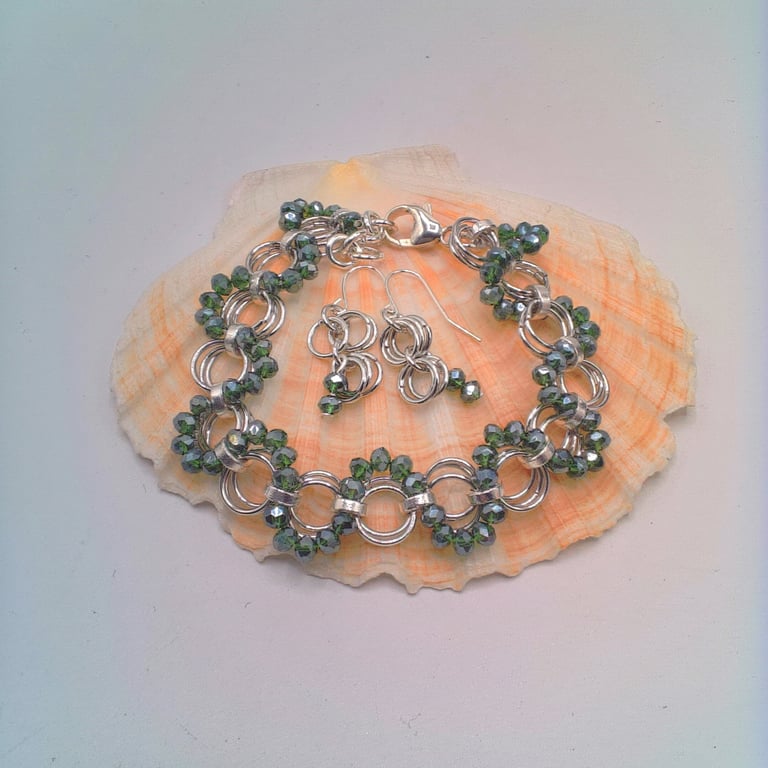 Chain Mail and Green Crystal Bracelet and Earrings Set,  Gift for Her, Gift Set