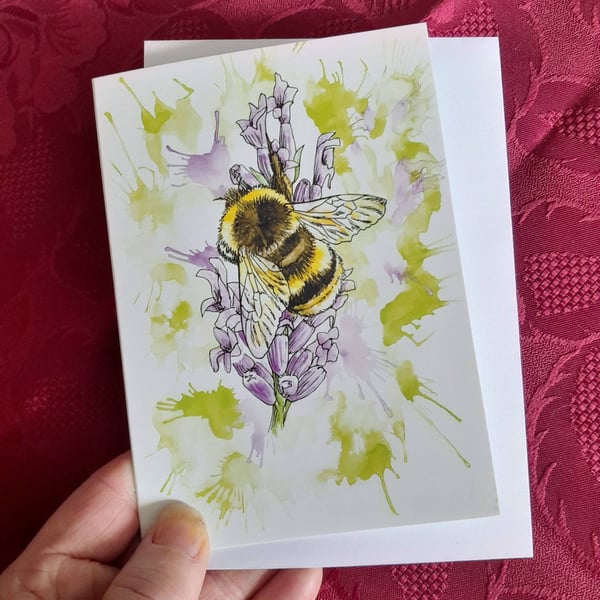 A6 Art Greetings Card, Bee on Lavender