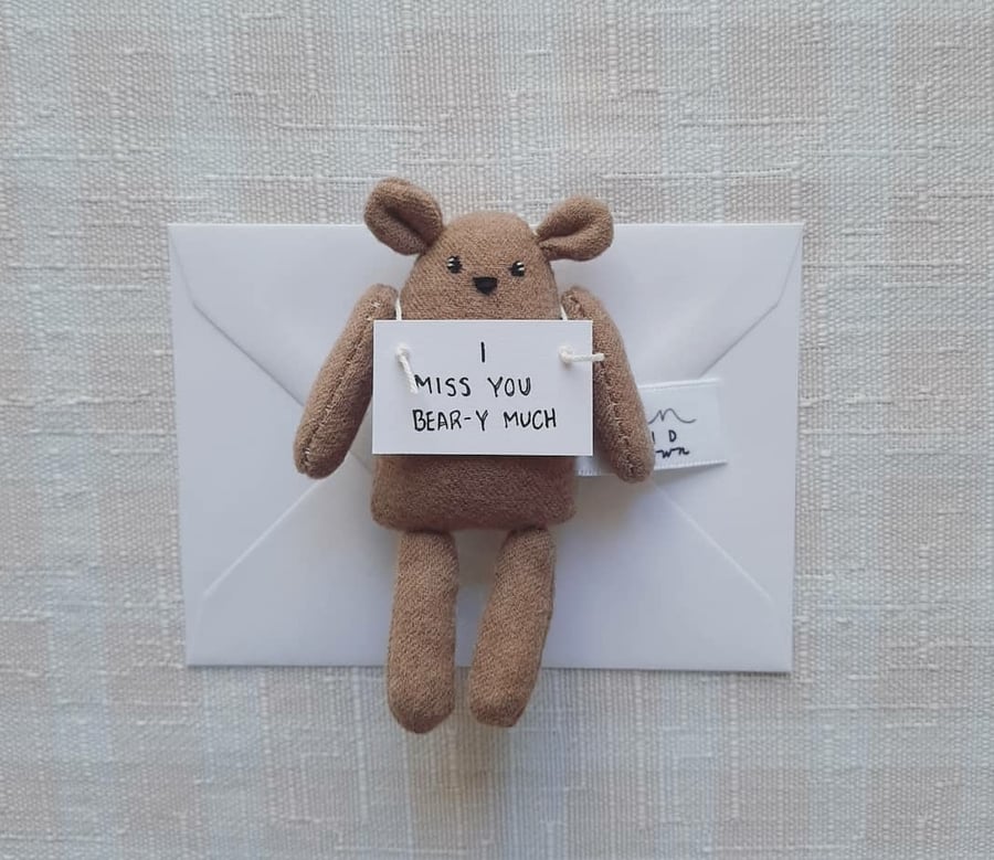 Small Pocket Brown Bear holding Note, I Miss You, Gift