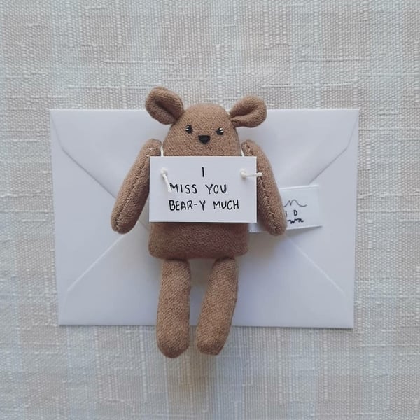 Small Pocket Brown Bear holding Note, I Miss You, Gift