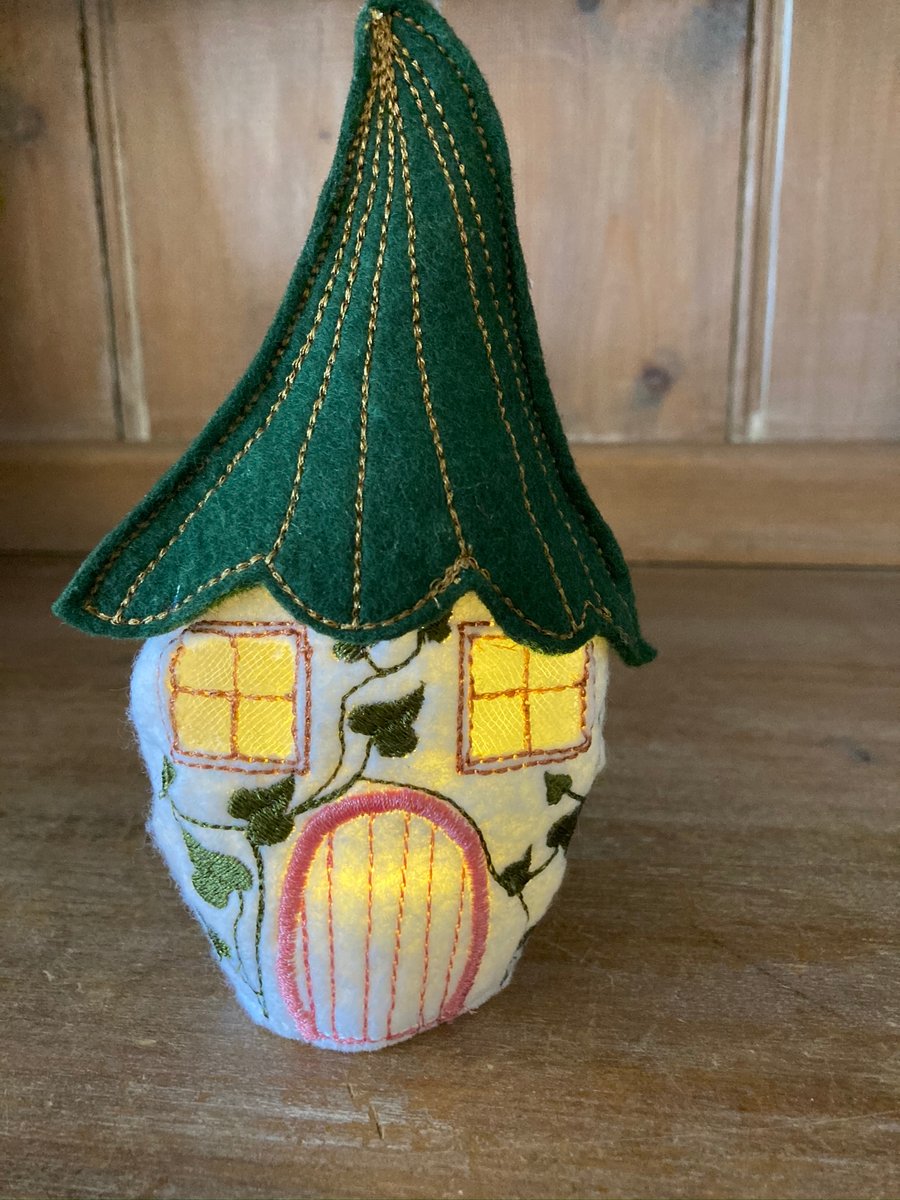 Embroidered felt tea light pumpkin fairy house
