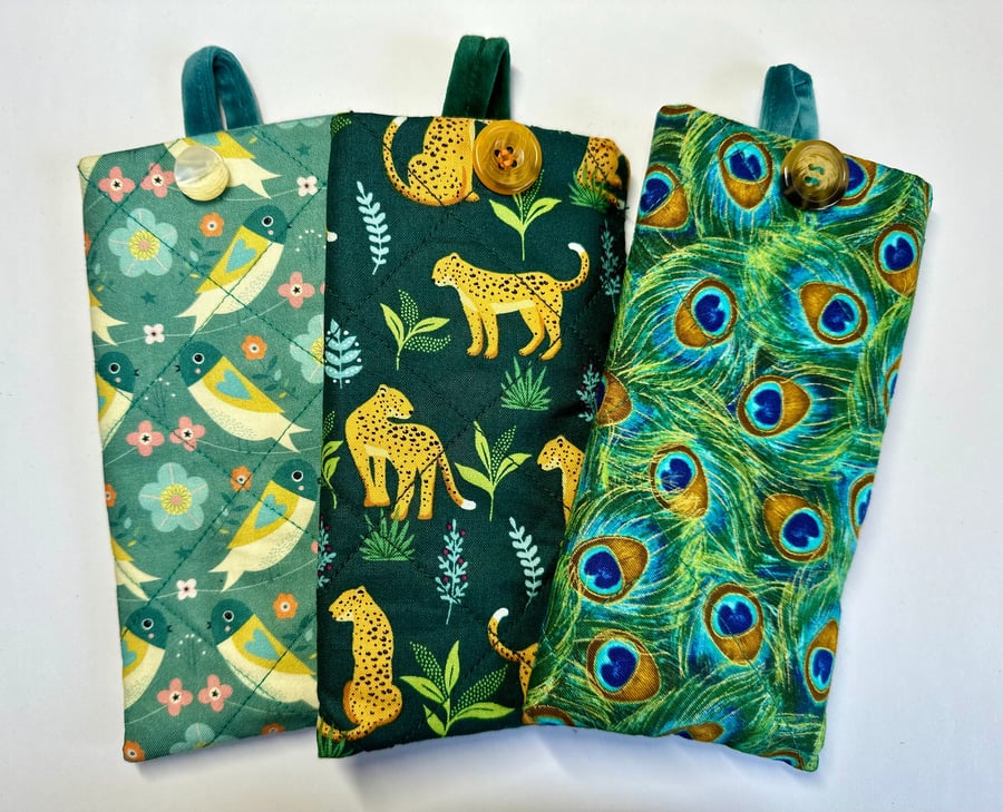 Velvet lined glasses case pouch, Set 2 green