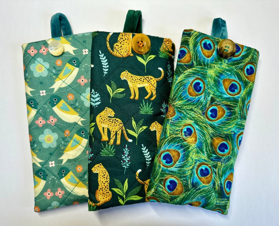 Velvet lined glasses case pouch, Set 2 green