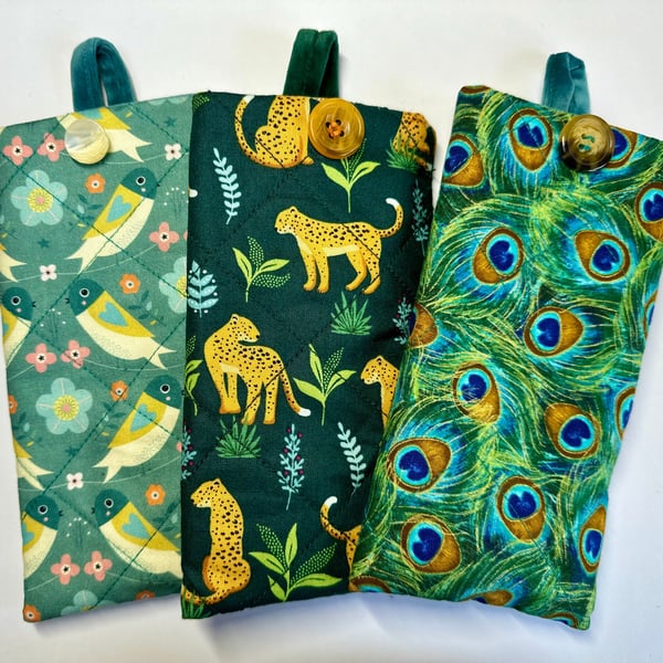 Velvet lined glasses case pouch, Set 2 green