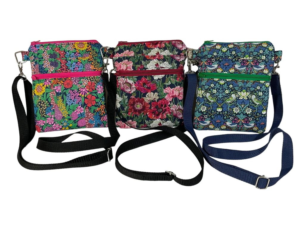 Small Liberty fabric shoulder bag, slim multi pockets, teen messenger style 