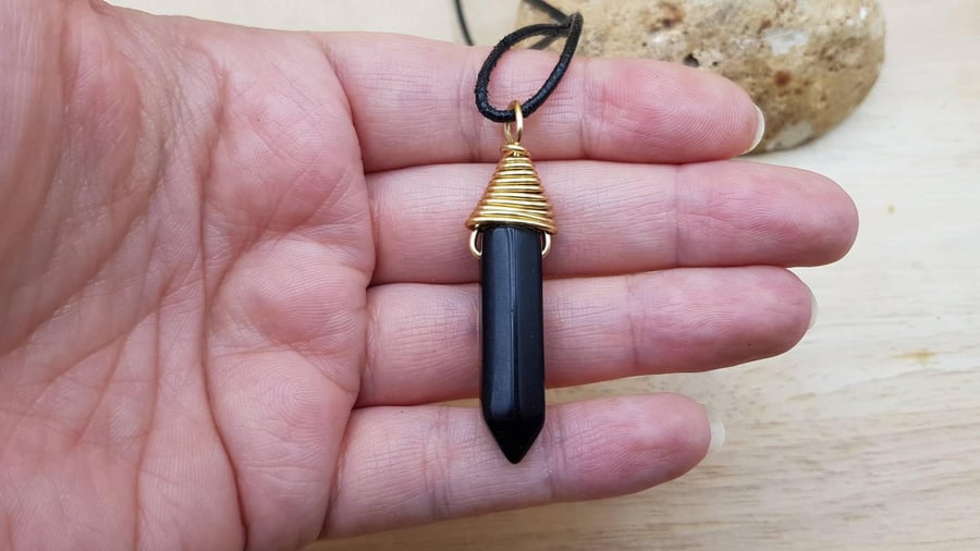 Brass wire wrap Black Obsidian point pendant