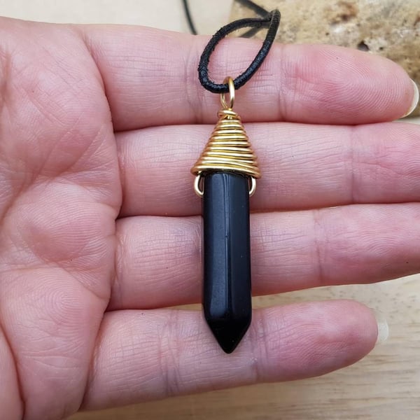 Brass wire wrap Black Obsidian point pendant