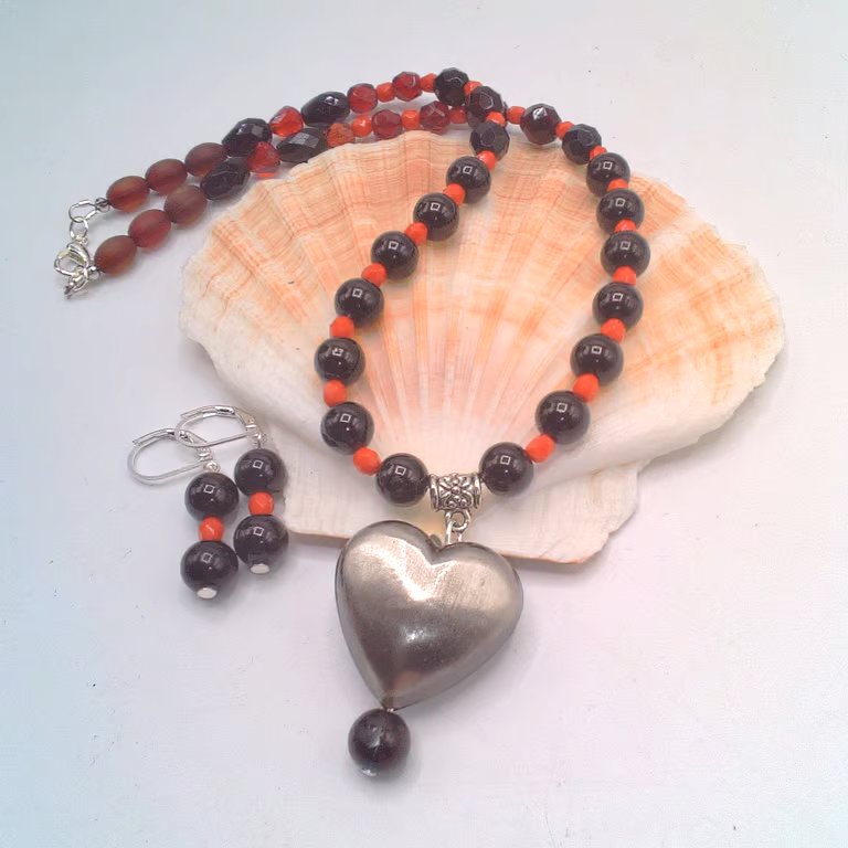 Necklace and Earrings Set with Red and Black Beads and a Brushed Metal Heart