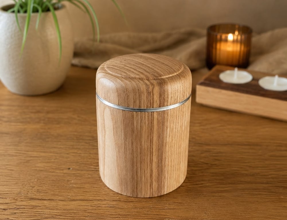 Handcrafted Ash pot with stainless steel threaded lid. 