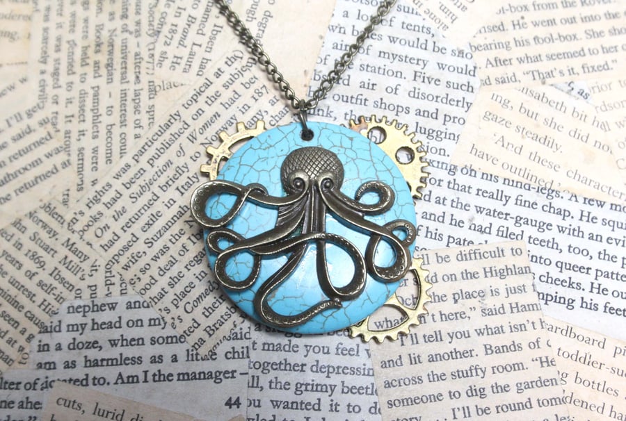 Faux Turquoise Octopus Cog Steampunk Necklace