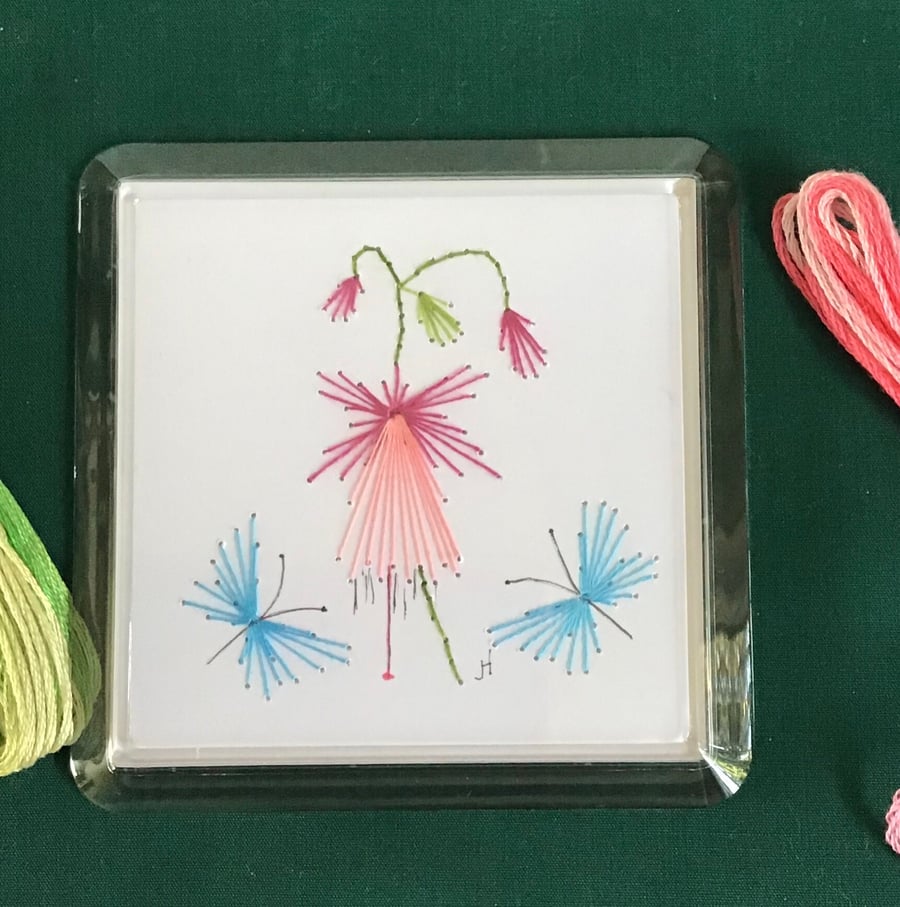 Embroidery,Embroidered coaster,Pink fuchsia,Mug coaster,Butterfly coaster,
