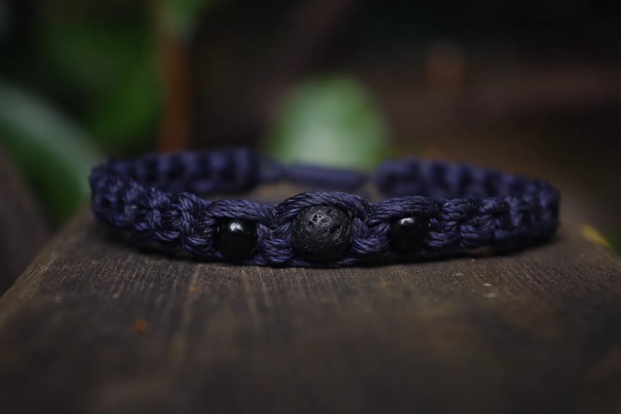 Men's bracelet with Black Tourmaline and lava stone in dark navy