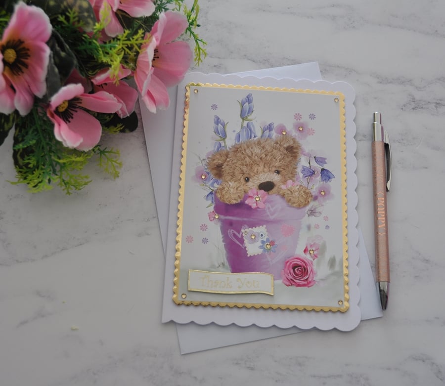 Thank You Card Cute Teddy Bear Flower Pot Pink Rose 3D Luxury Handmade Card