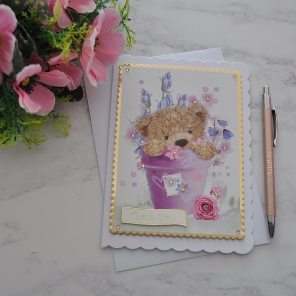Thank You Card Cute Teddy Bear Flower Pot Pink Rose 3D Luxury Handmade Card