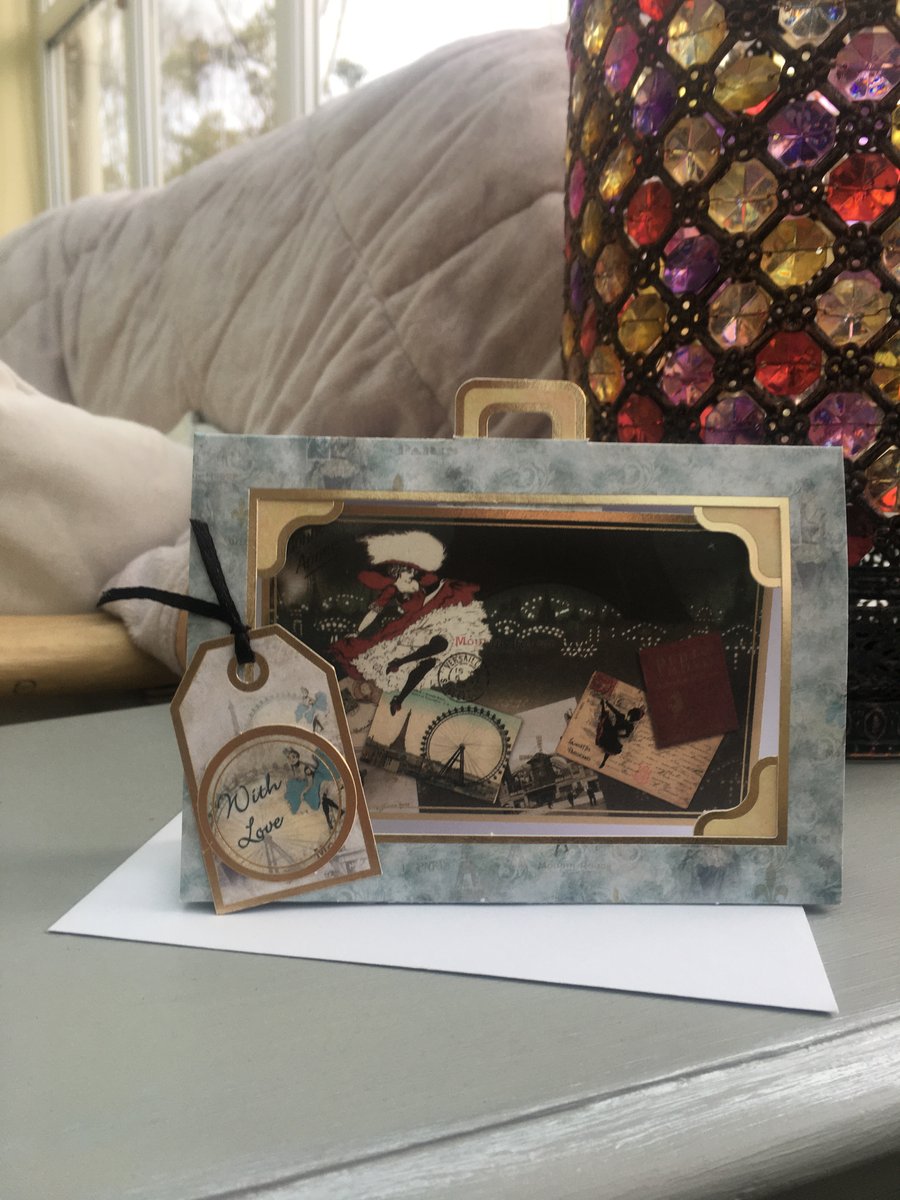 Can can dancer suitcase shaped greetings card