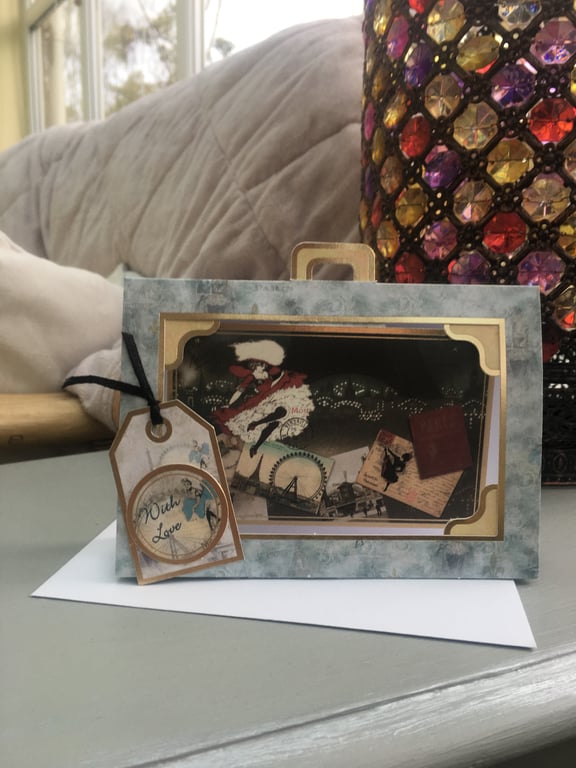 Can can dancer suitcase shaped greetings card