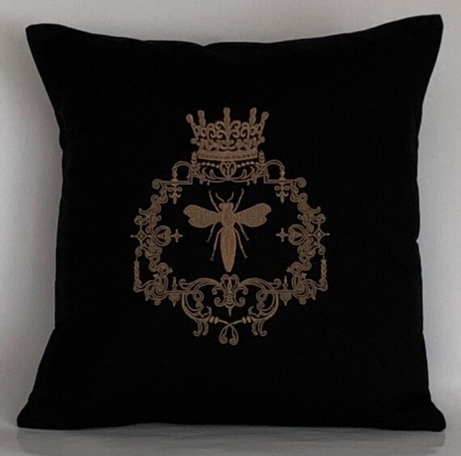 Rose Gold Queen Bee Embroidered Cushion Cover BLACK 