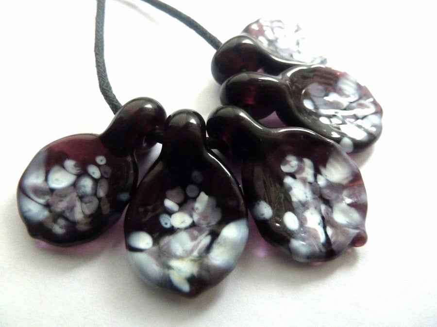 handmade lampwork glass beads, purple leaves