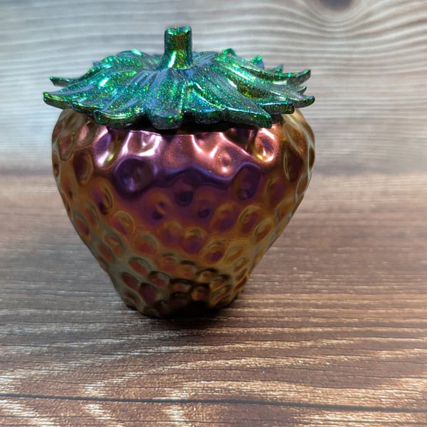 Metallic Strawberry Trinket Jar – Handmade Resin Keepsake Storage Pot