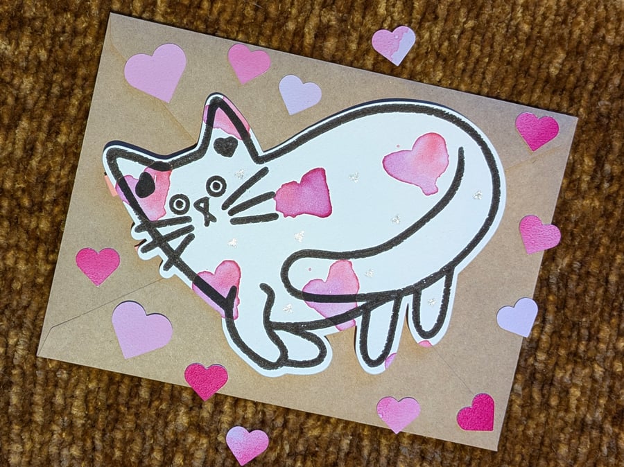 Cat card hand painted watercolour shaped greeting card love hearts 10