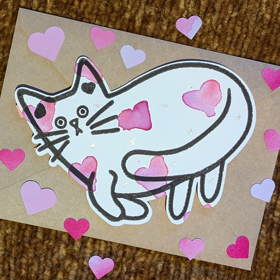 Cat card hand painted watercolour shaped greeting card love hearts 10