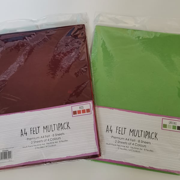 A4 Felt Sheets Multipack, Greens, Red, Polyester Felt