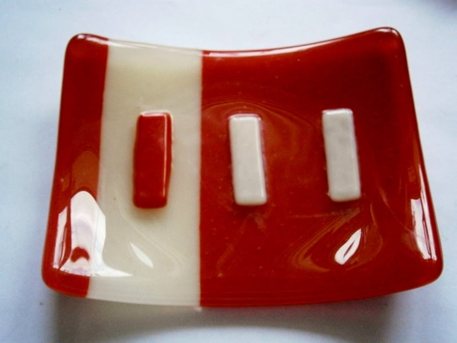 Fused glass red and cream soap dish