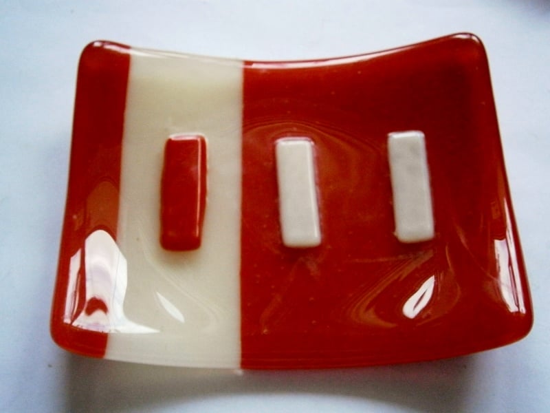 Fused glass red and cream soap dish