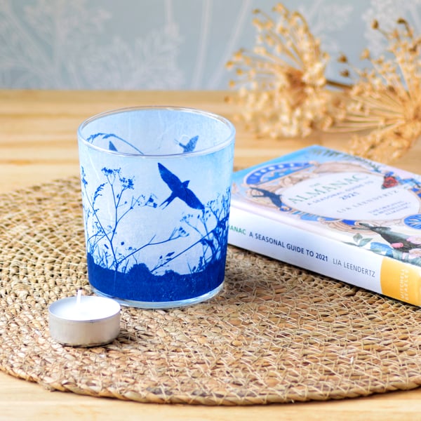 Swallows Return Cyanotype Translucent Blue Tea light holder Seconds Sunday