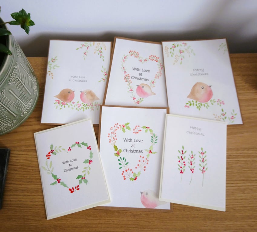 Pack of 6 Hand Painted Christmas Cards