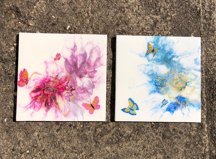 SALE . Original acrylic painting, diptych, abstract flowers , butterflies, resin