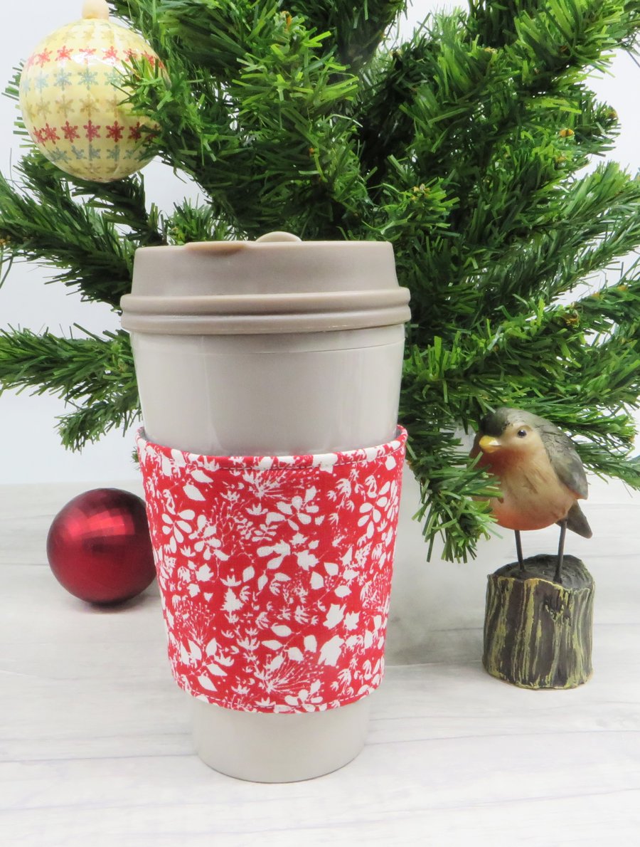 Coffee Cup Cosy in Christmas Fabric, reversible and reusable cup holder