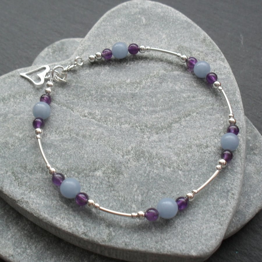 Angelite and Amethyst Bracelet Sterling Silver Stacker  Bracelet