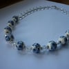 BLUE, WHITE, CRYSTAL AND SILVER - PORCELAIN BEADS NECKLACE.